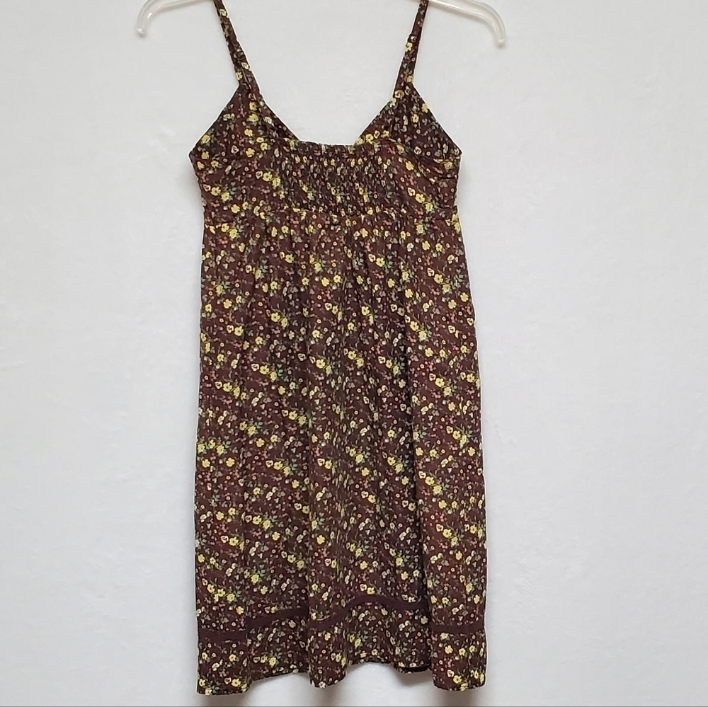 𝅺RETRO Y2K LEI Brown Yellow Ditsy Floral V-neck Pleated Mini Babydoll Dress S - Picture 8 of 14